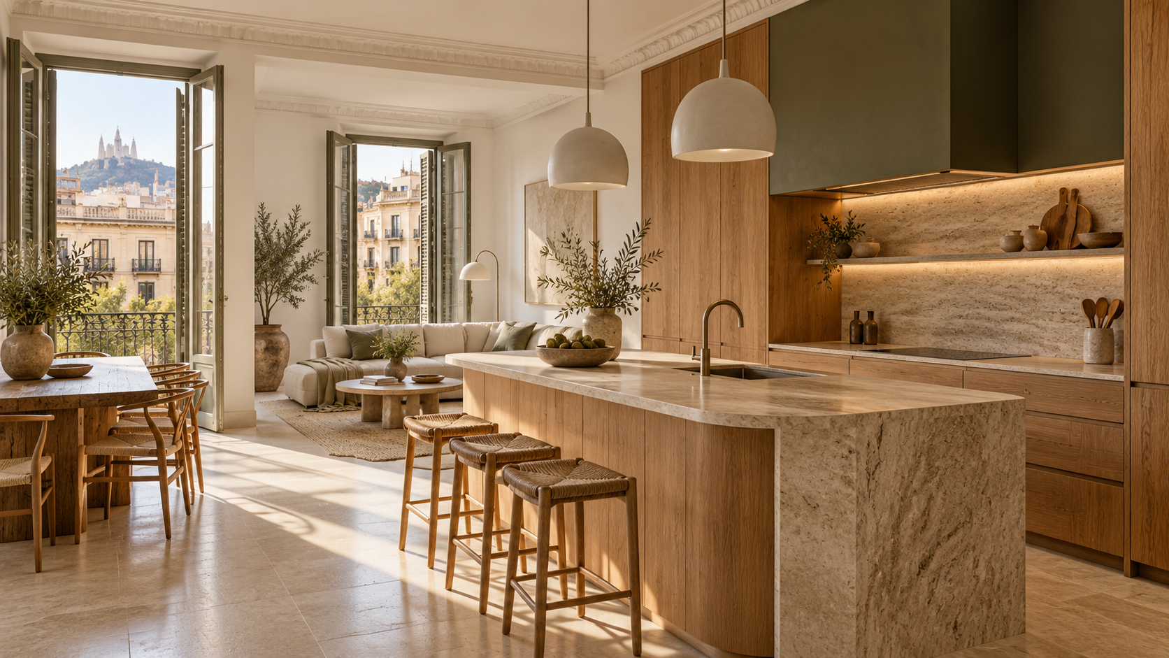 Interior mediterráneo contemporáneo con cocina abierta